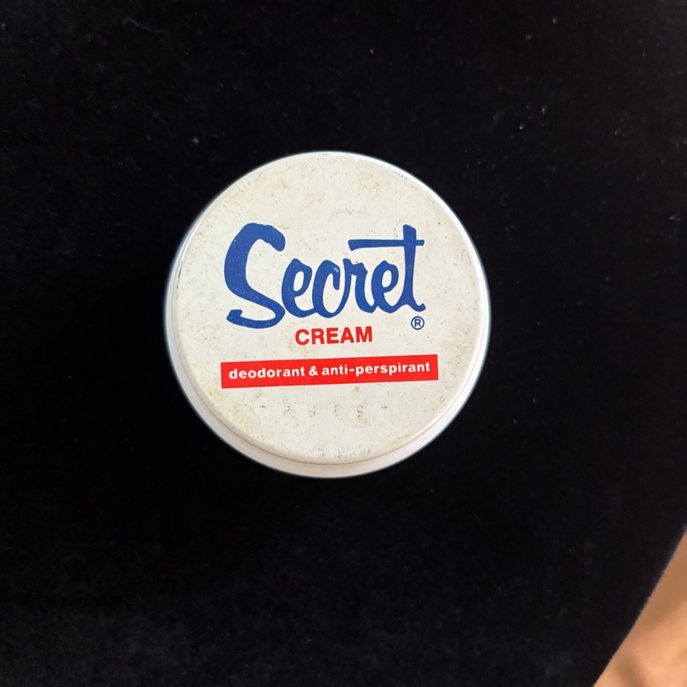 Vintage Secret Cream Deodorant White Milk Glass with Blue & Red Logo EMPTY